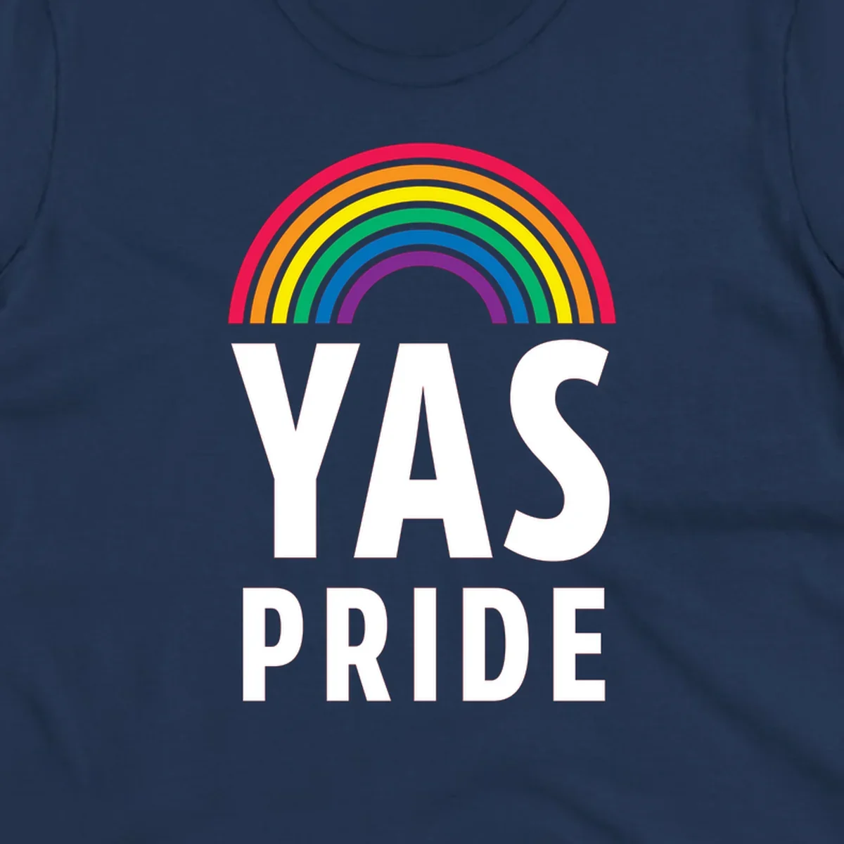 Yas pride rainbow design featuring colorful concentric rainbow arc above bold white text reading 'YAS PRIDE' on gray background