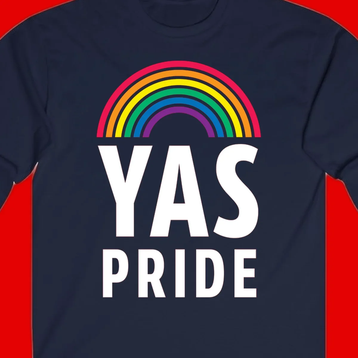 Yas pride rainbow design featuring colorful concentric rainbow arc above bold white text reading 'YAS PRIDE' on gray background