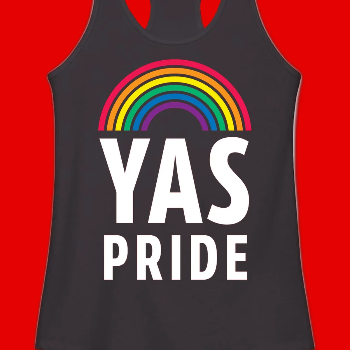 Yas pride rainbow design featuring colorful concentric rainbow arc above bold white text reading 'YAS PRIDE' on gray background