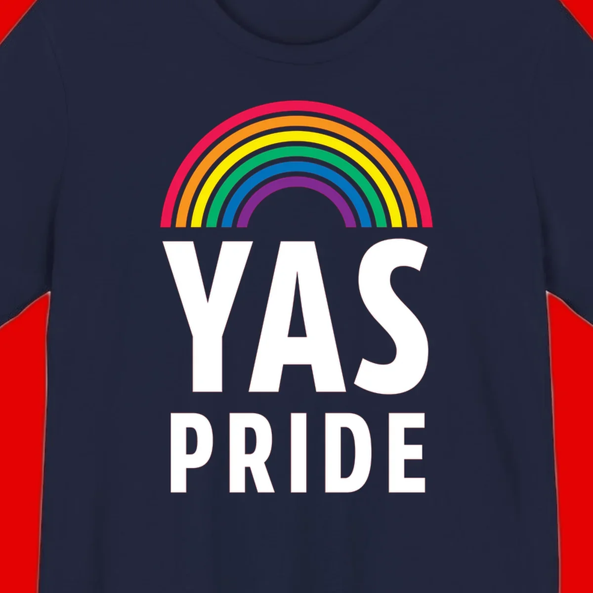 Yas pride rainbow design featuring colorful concentric rainbow arc above bold white text reading 'YAS PRIDE' on gray background