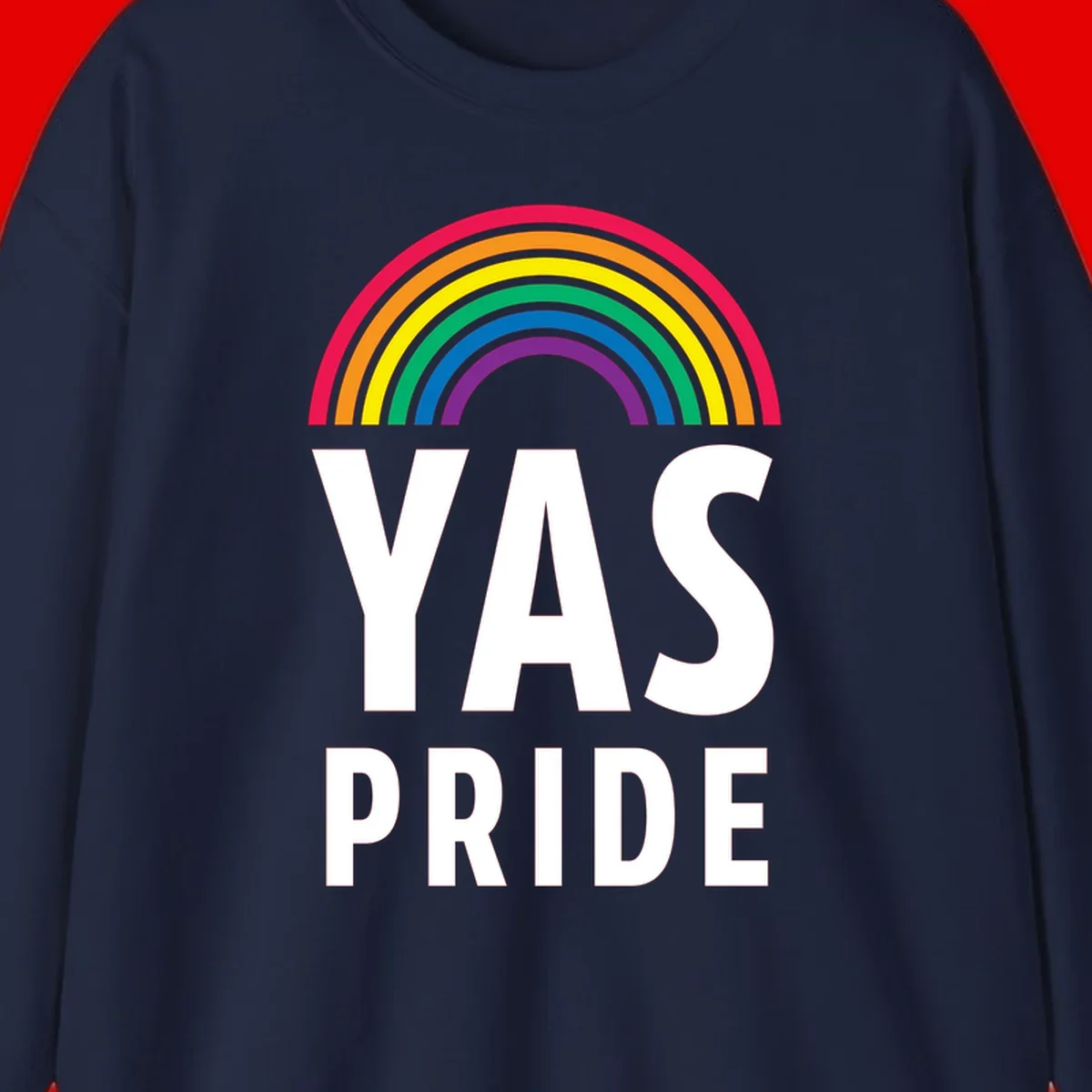 Yas pride rainbow design featuring colorful concentric rainbow arc above bold white text reading 'YAS PRIDE' on gray background