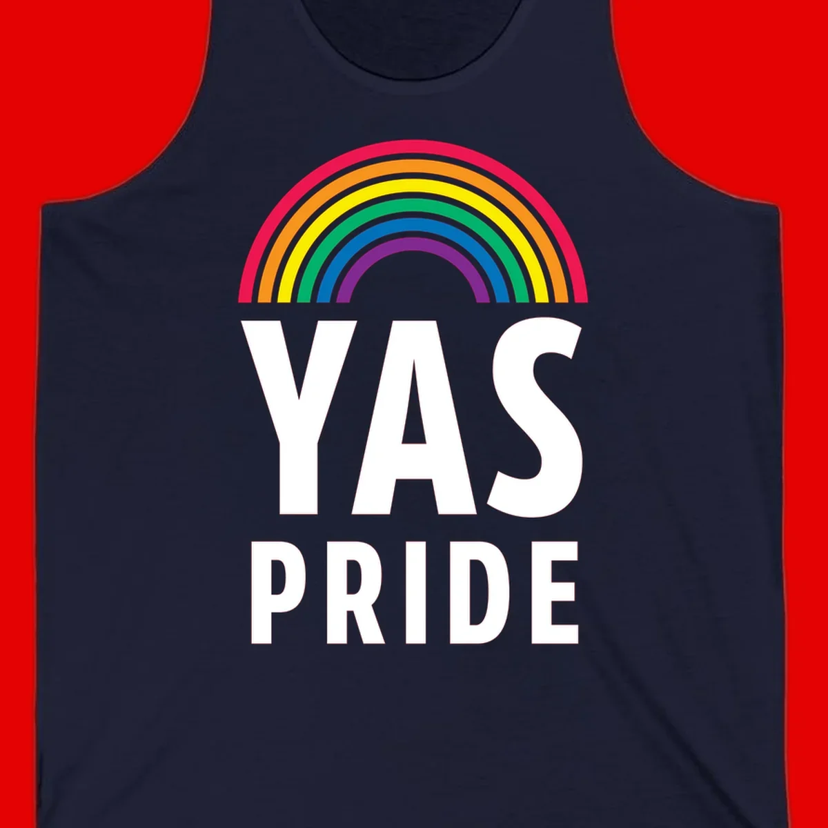 Yas pride rainbow design featuring colorful concentric rainbow arc above bold white text reading 'YAS PRIDE' on gray background