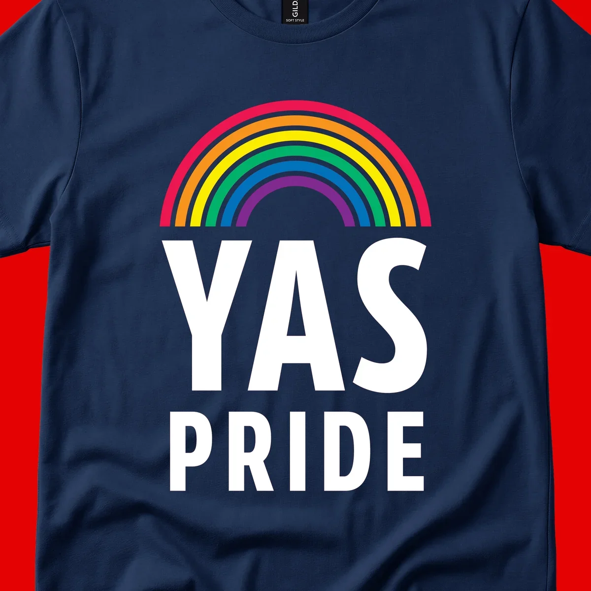 Yas pride rainbow design featuring colorful concentric rainbow arc above bold white text reading 'YAS PRIDE' on gray background