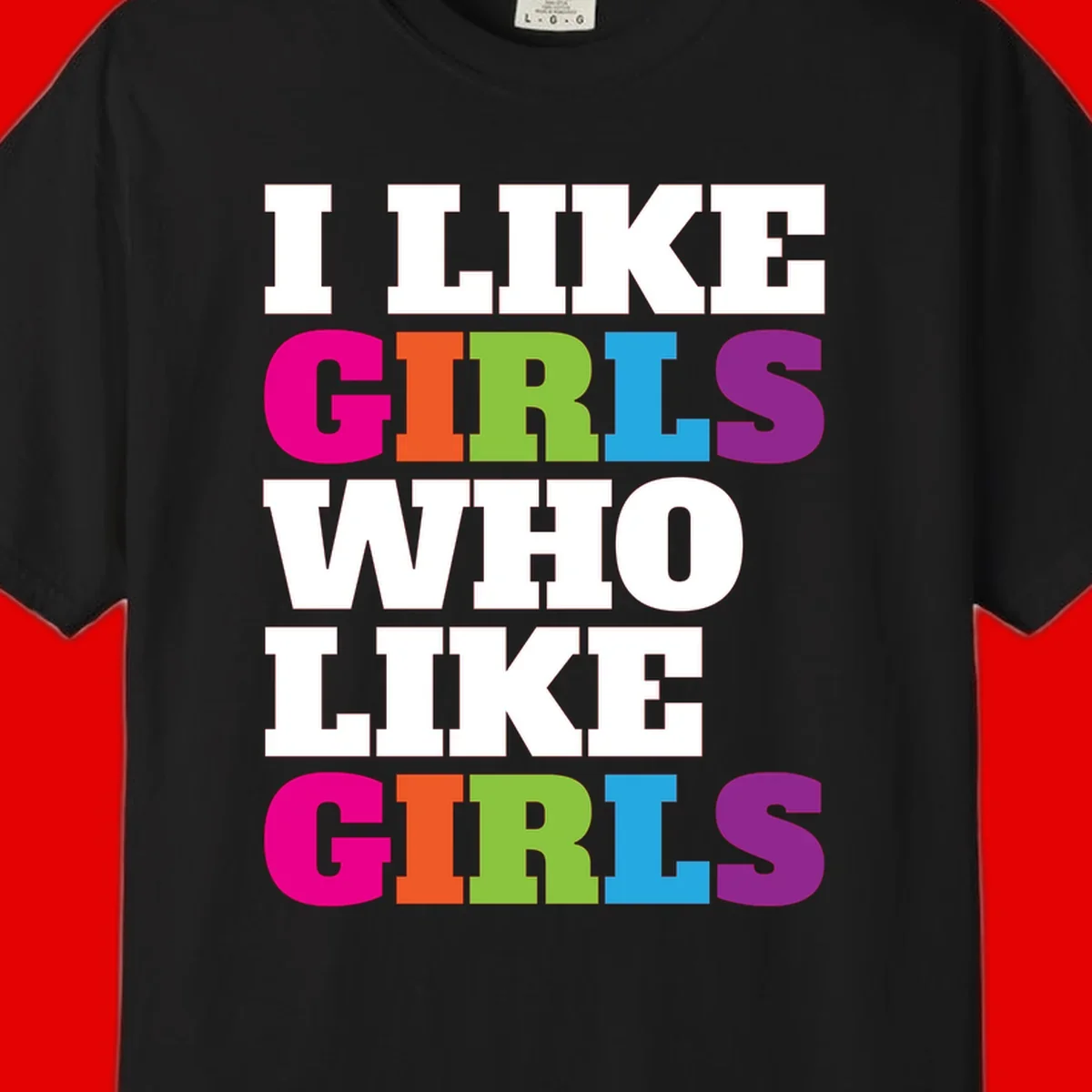 Bold colorful text reading 'Think Girls Who Like Girls' with each word in different pride colors on gray background