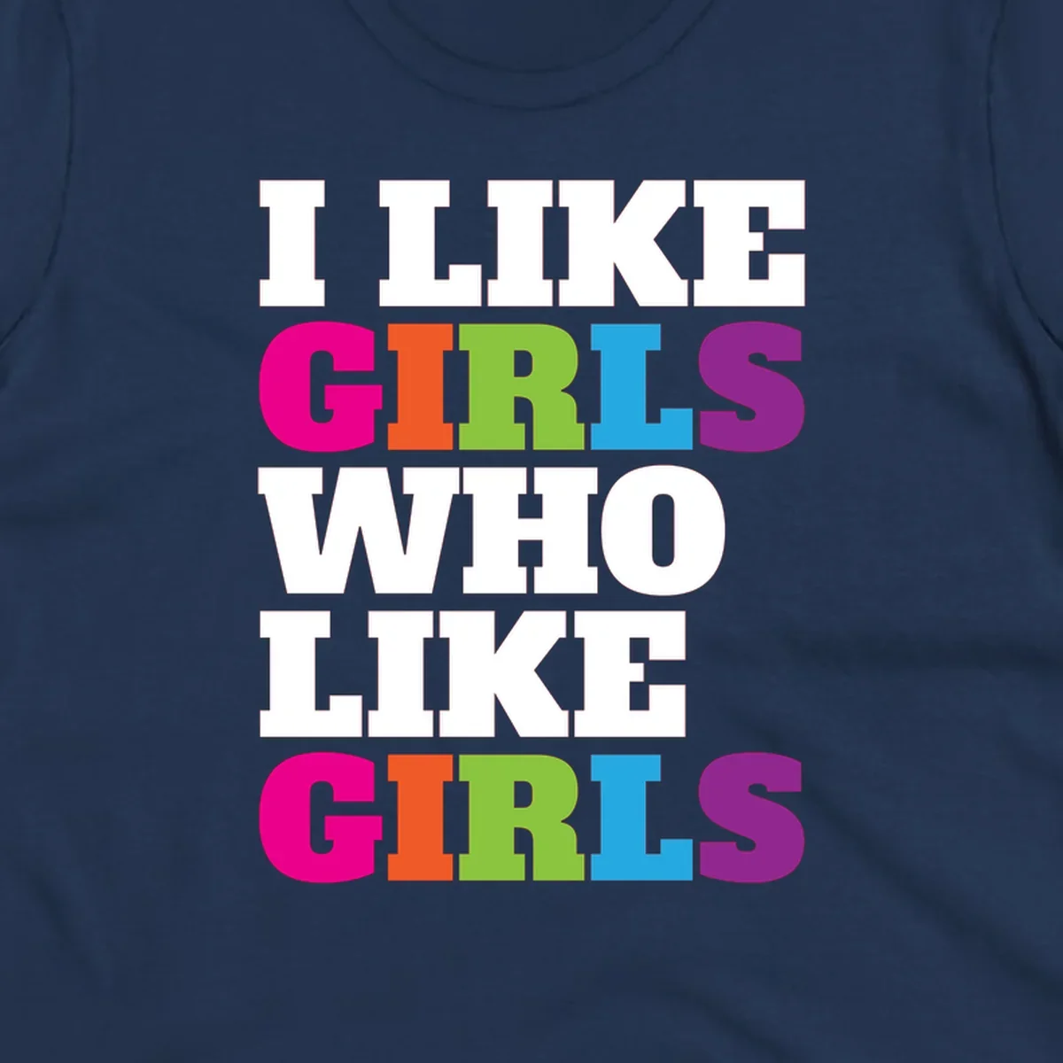 Bold colorful text reading 'Think Girls Who Like Girls' with each word in different pride colors on gray background