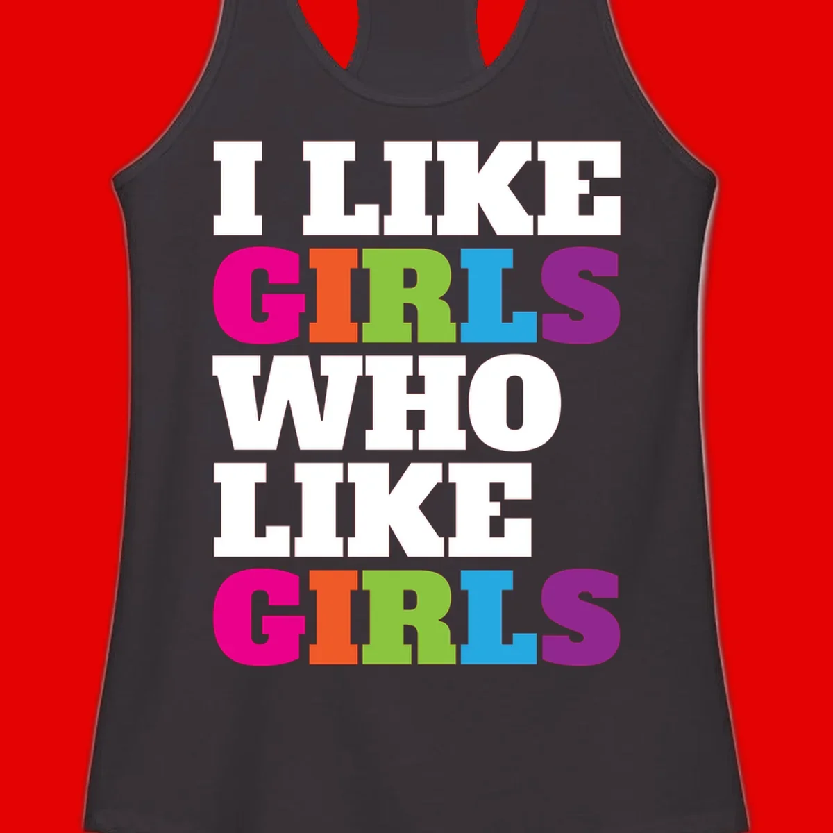 Bold colorful text reading 'Think Girls Who Like Girls' with each word in different pride colors on gray background