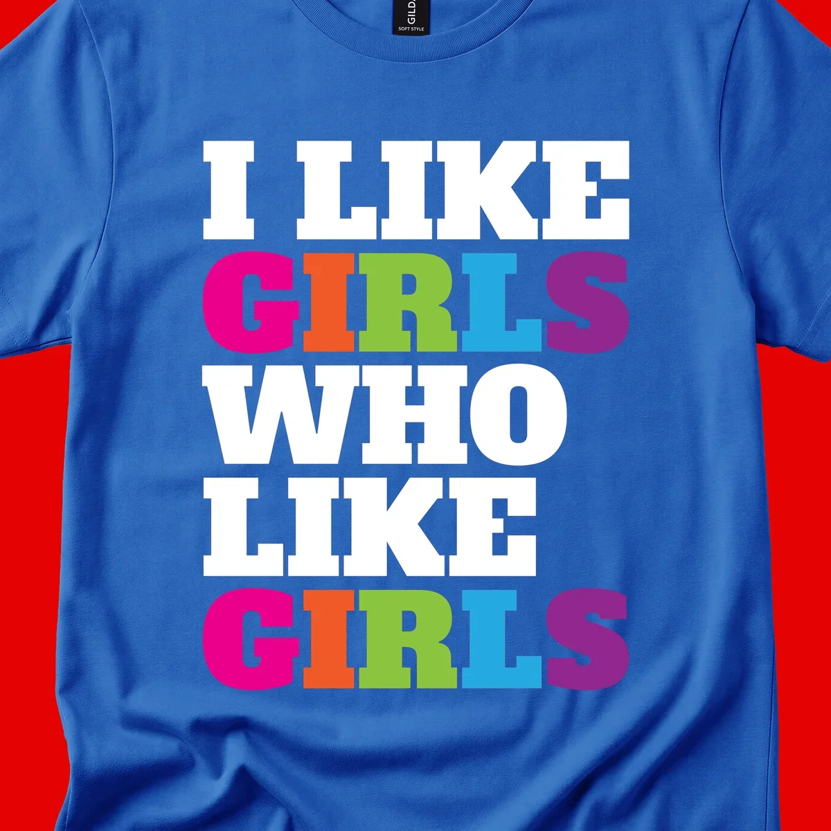 Bold colorful text reading 'Think Girls Who Like Girls' with each word in different pride colors on gray background