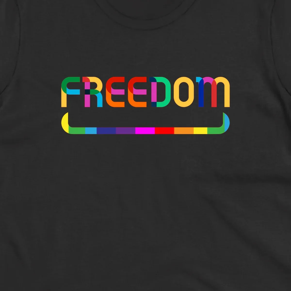 Colorful FREEDOM text in rainbow letters with geometric shapes and pride flag color bar below on gray background