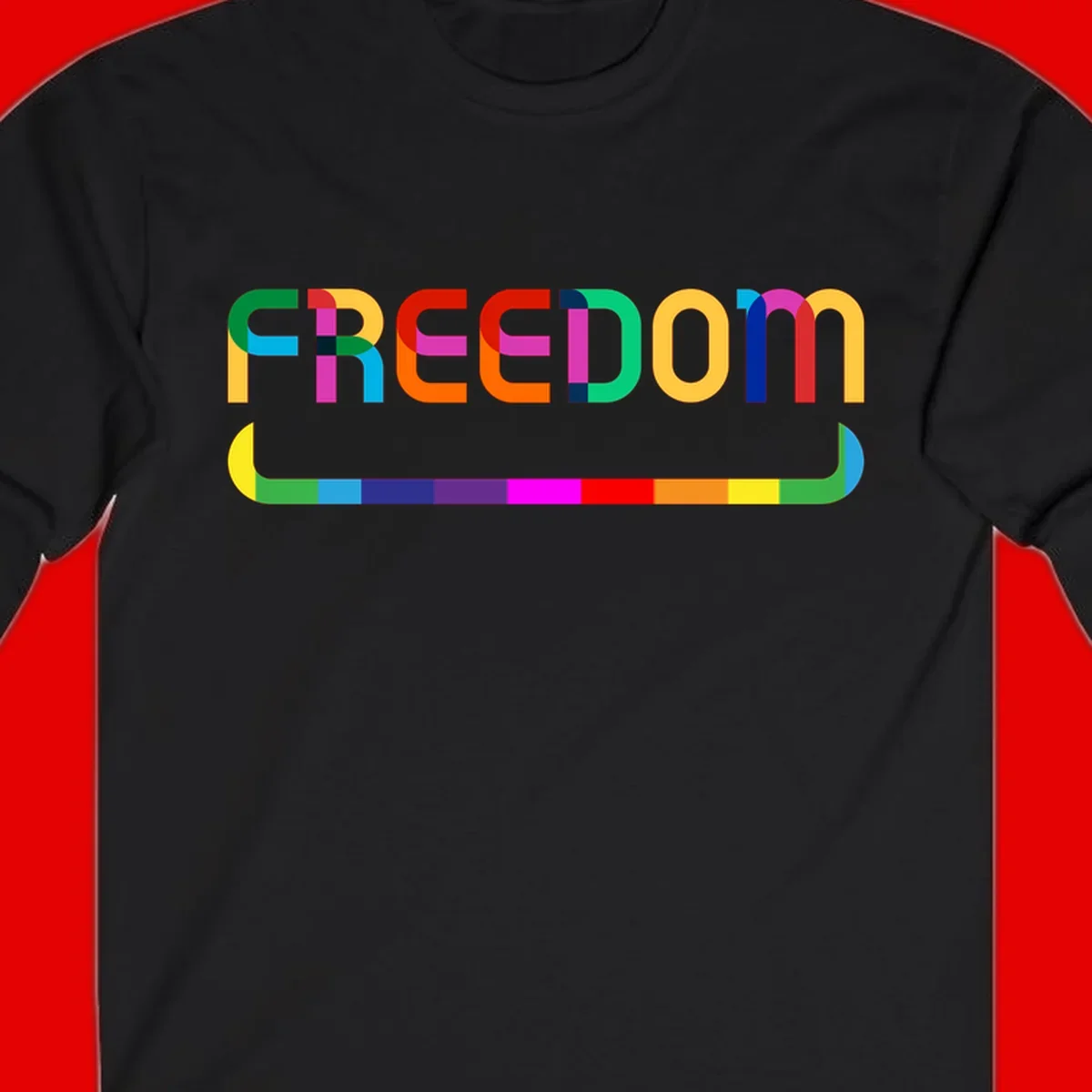 Colorful FREEDOM text in rainbow letters with geometric shapes and pride flag color bar below on gray background
