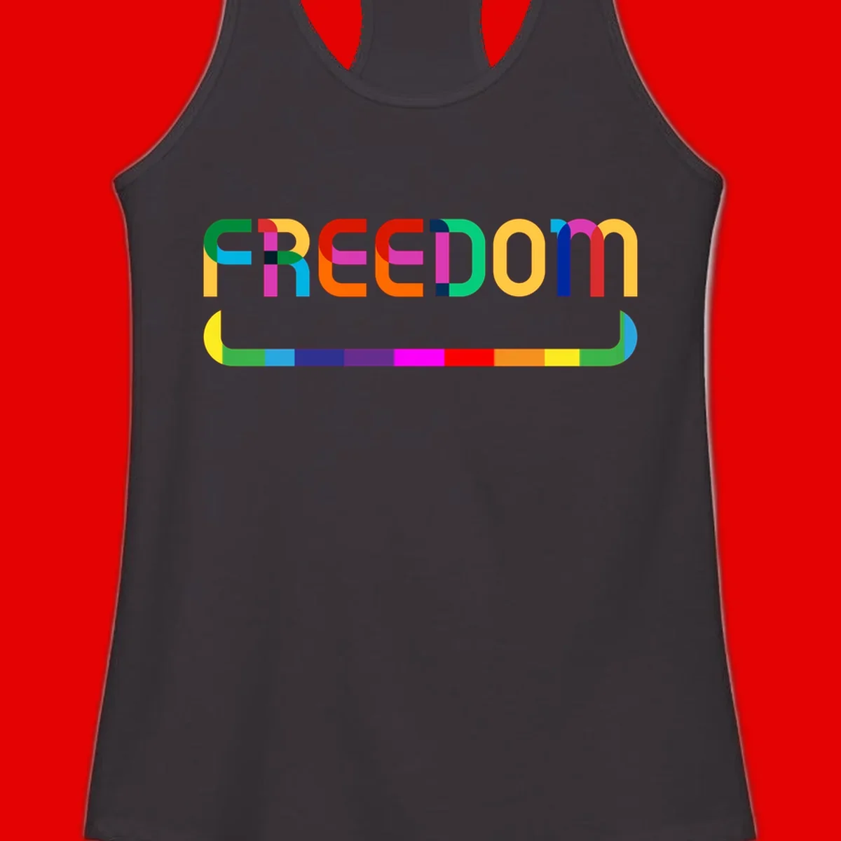 Colorful FREEDOM text in rainbow letters with geometric shapes and pride flag color bar below on gray background