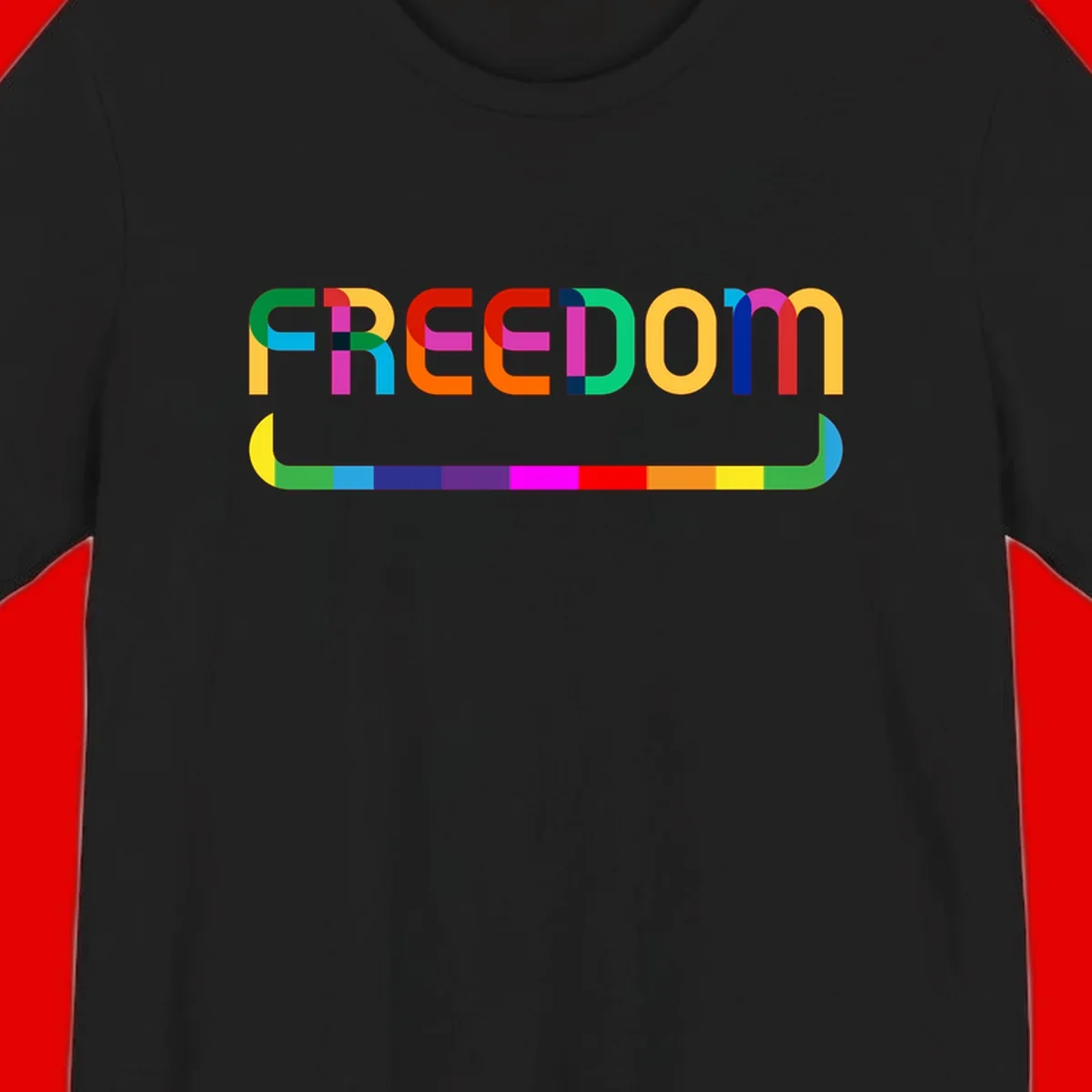 Colorful FREEDOM text in rainbow letters with geometric shapes and pride flag color bar below on gray background