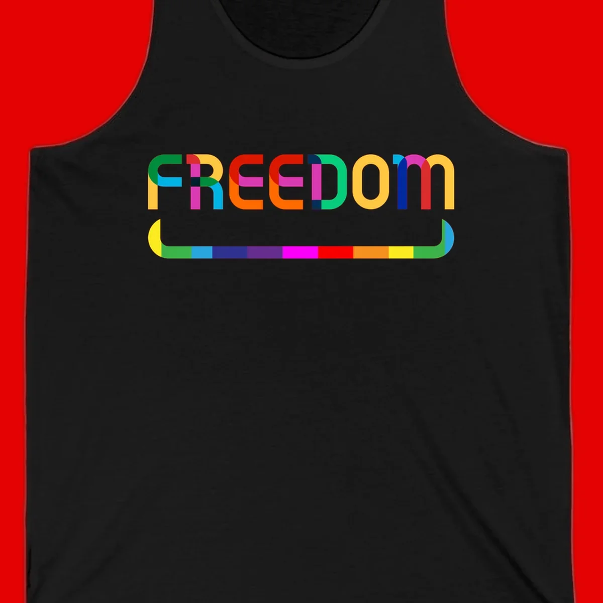 Colorful FREEDOM text in rainbow letters with geometric shapes and pride flag color bar below on gray background