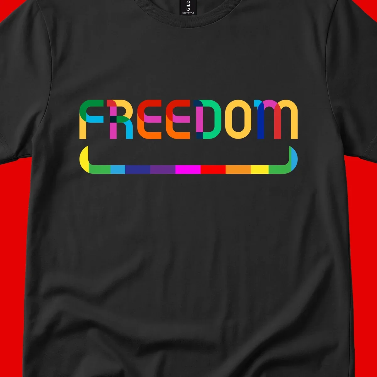 Colorful FREEDOM text in rainbow letters with geometric shapes and pride flag color bar below on gray background
