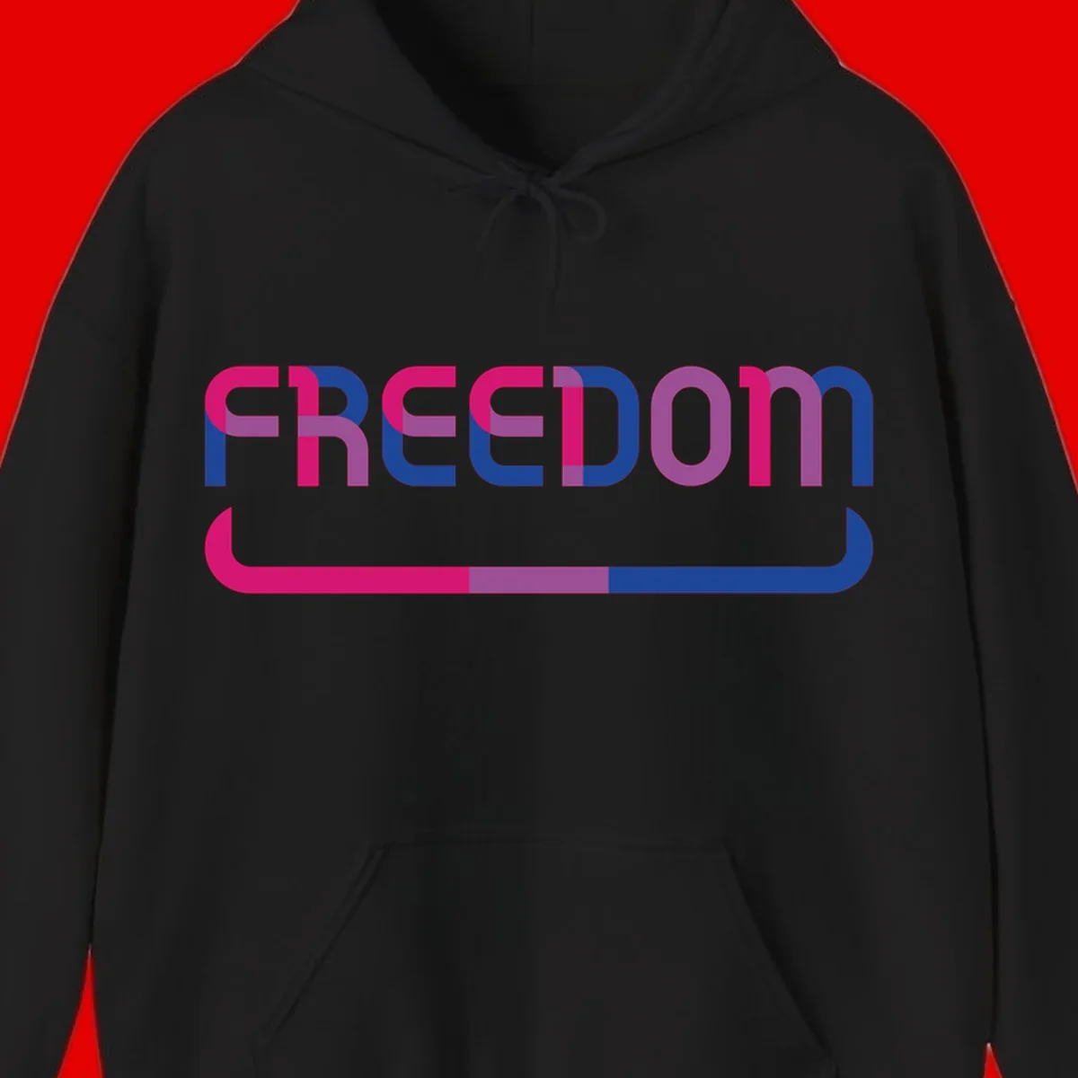 Freedom On Pride design: Bold magenta and purple 'FREEDOM' text with curved gradient underline transitioning from pink through purple to blue