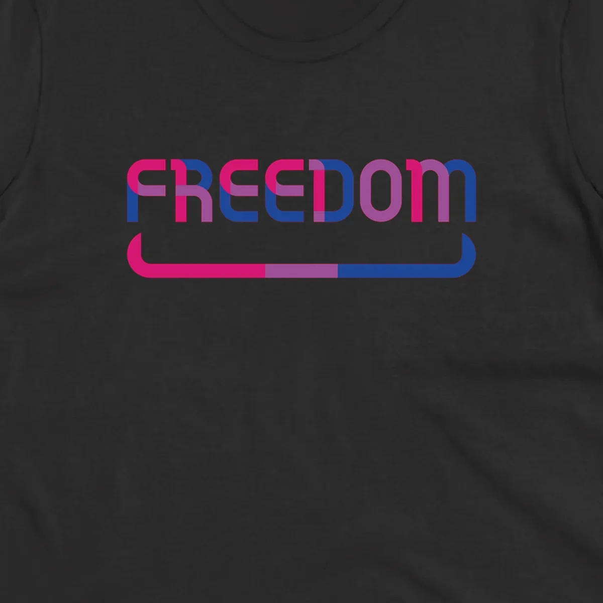 Freedom On Pride design: Bold magenta and purple 'FREEDOM' text with curved gradient underline transitioning from pink through purple to blue