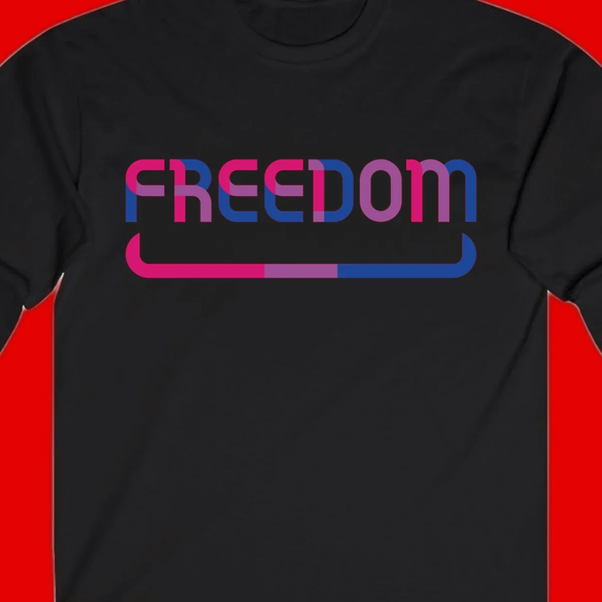 Freedom On Pride design: Bold magenta and purple 'FREEDOM' text with curved gradient underline transitioning from pink through purple to blue