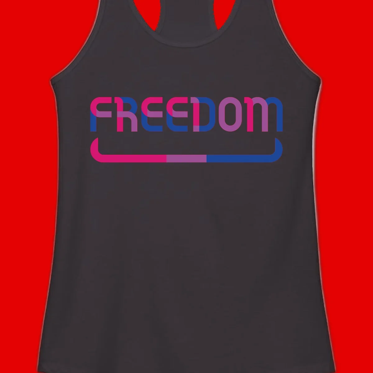 Freedom On Pride design: Bold magenta and purple 'FREEDOM' text with curved gradient underline transitioning from pink through purple to blue