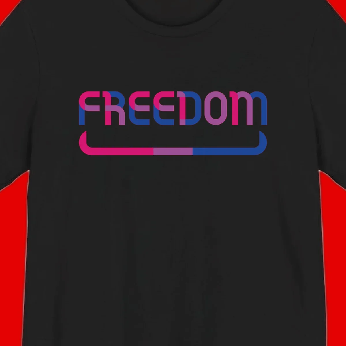 Freedom On Pride design: Bold magenta and purple 'FREEDOM' text with curved gradient underline transitioning from pink through purple to blue