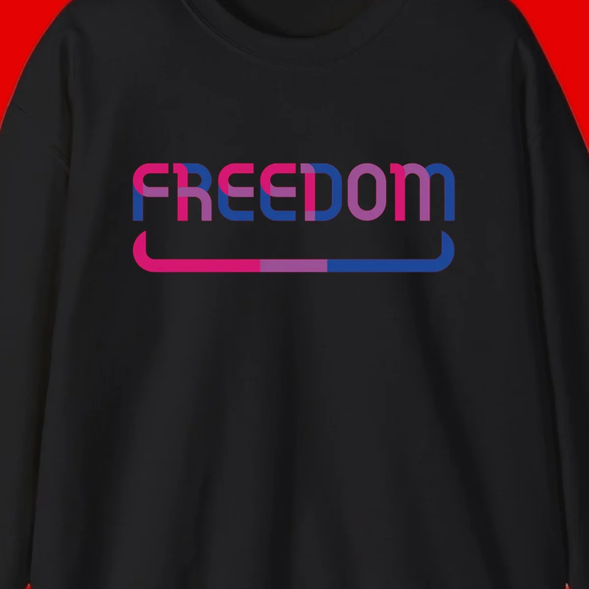 Freedom On Pride design: Bold magenta and purple 'FREEDOM' text with curved gradient underline transitioning from pink through purple to blue
