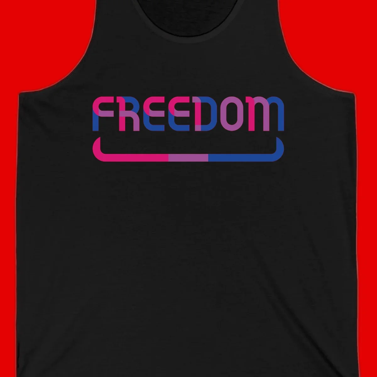 Freedom On Pride design: Bold magenta and purple 'FREEDOM' text with curved gradient underline transitioning from pink through purple to blue
