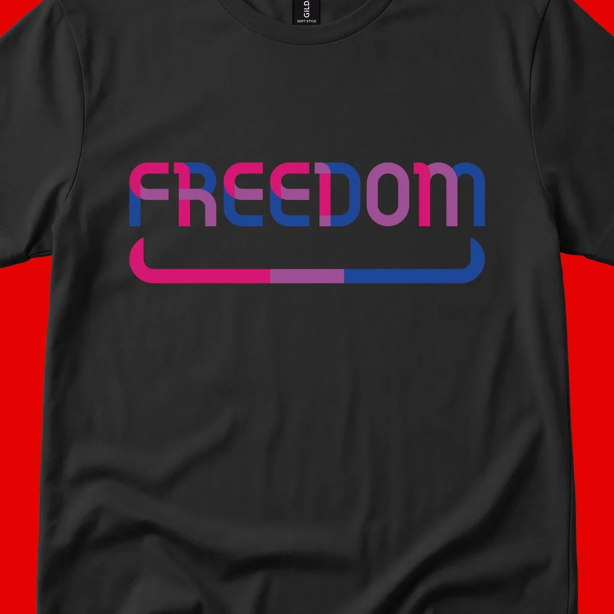 Freedom On Pride design: Bold magenta and purple 'FREEDOM' text with curved gradient underline transitioning from pink through purple to blue