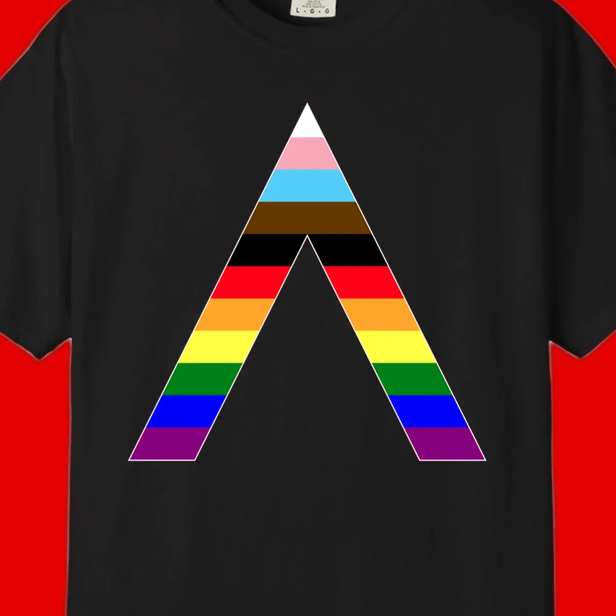Rainbow pride pyramid with horizontal stripes in traditional pride colors and nested triangle cutout design