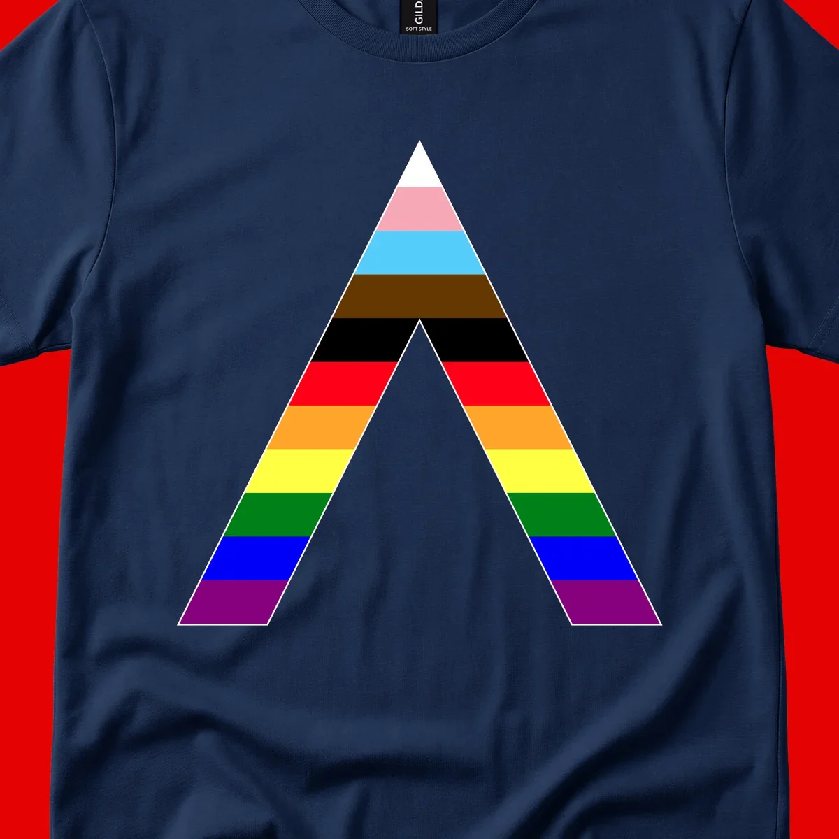 Rainbow pride pyramid with horizontal stripes in traditional pride colors and nested triangle cutout design
