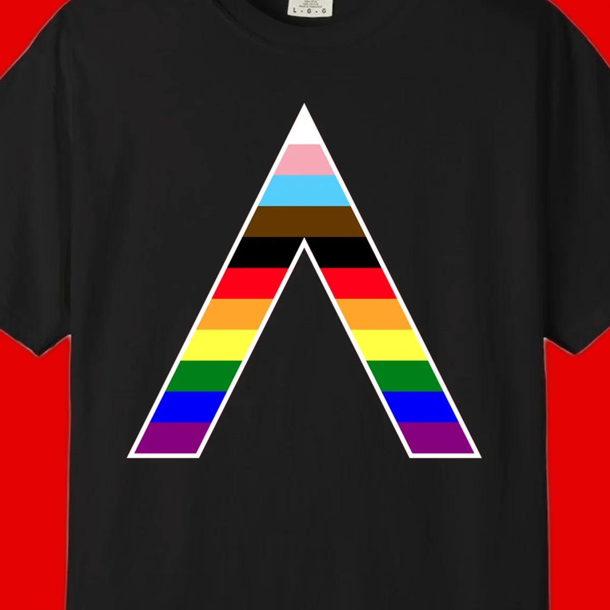 Geometric rainbow pride pyramid with horizontal color stripes and nested triangle cutout design