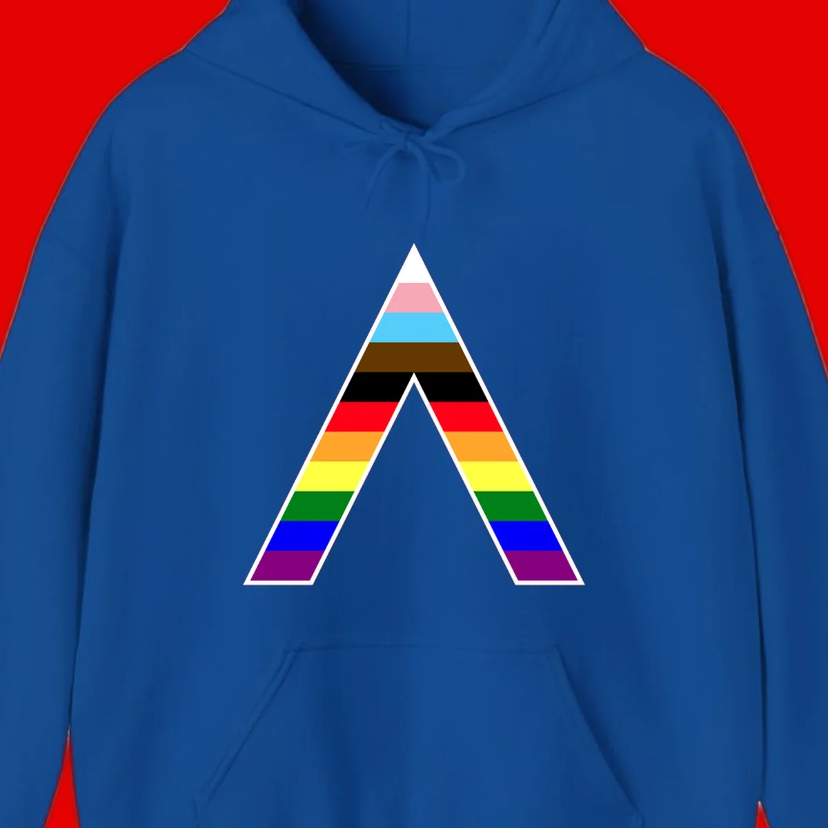 Geometric rainbow pride pyramid with horizontal color stripes and nested triangle cutout design