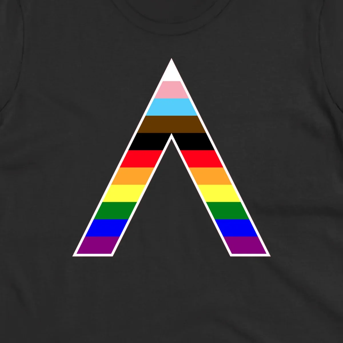 Geometric rainbow pride pyramid with horizontal color stripes and nested triangle cutout design