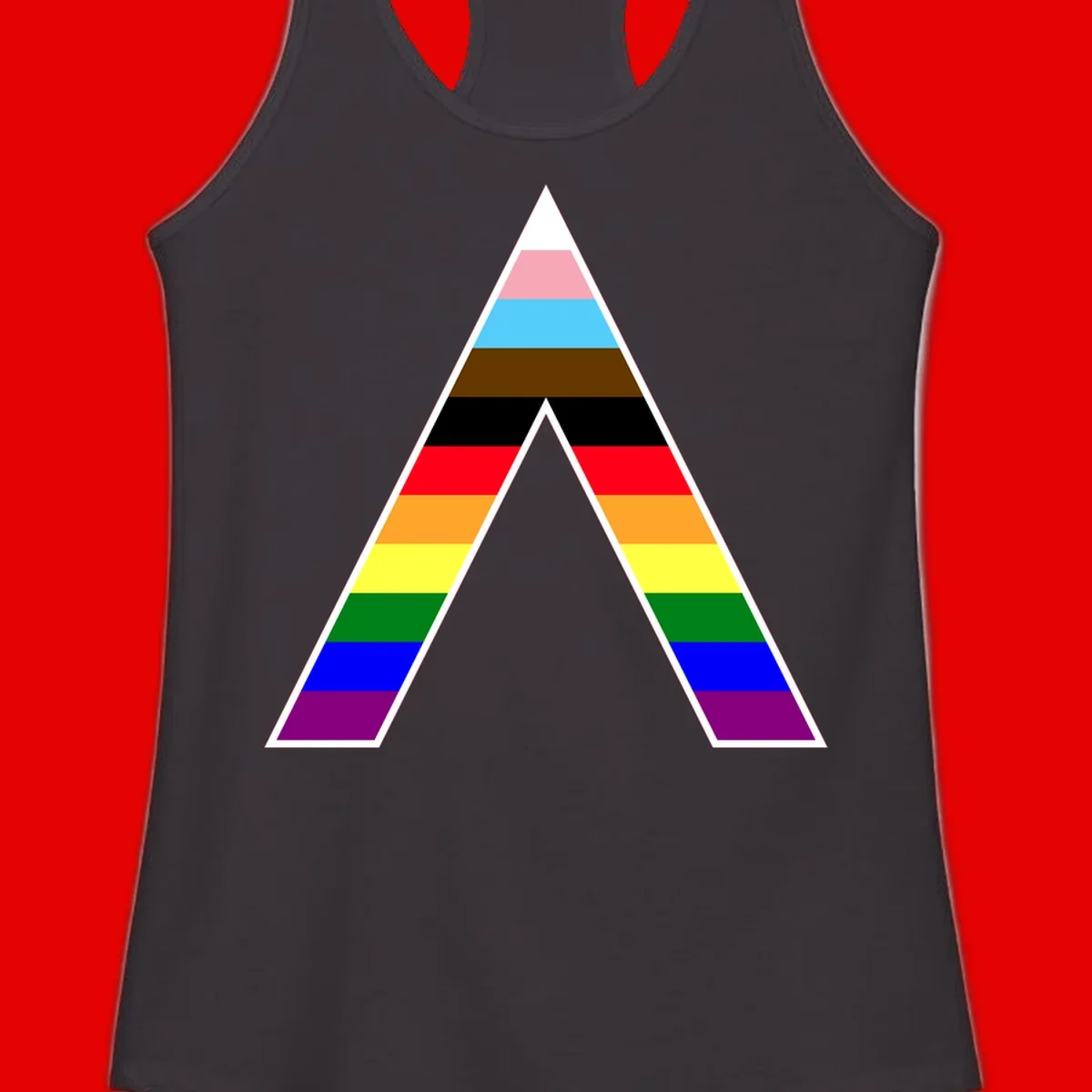 Geometric rainbow pride pyramid with horizontal color stripes and nested triangle cutout design