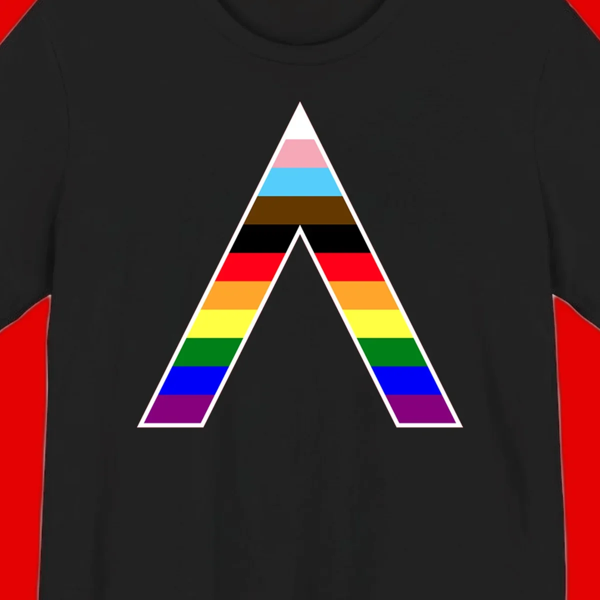 Geometric rainbow pride pyramid with horizontal color stripes and nested triangle cutout design