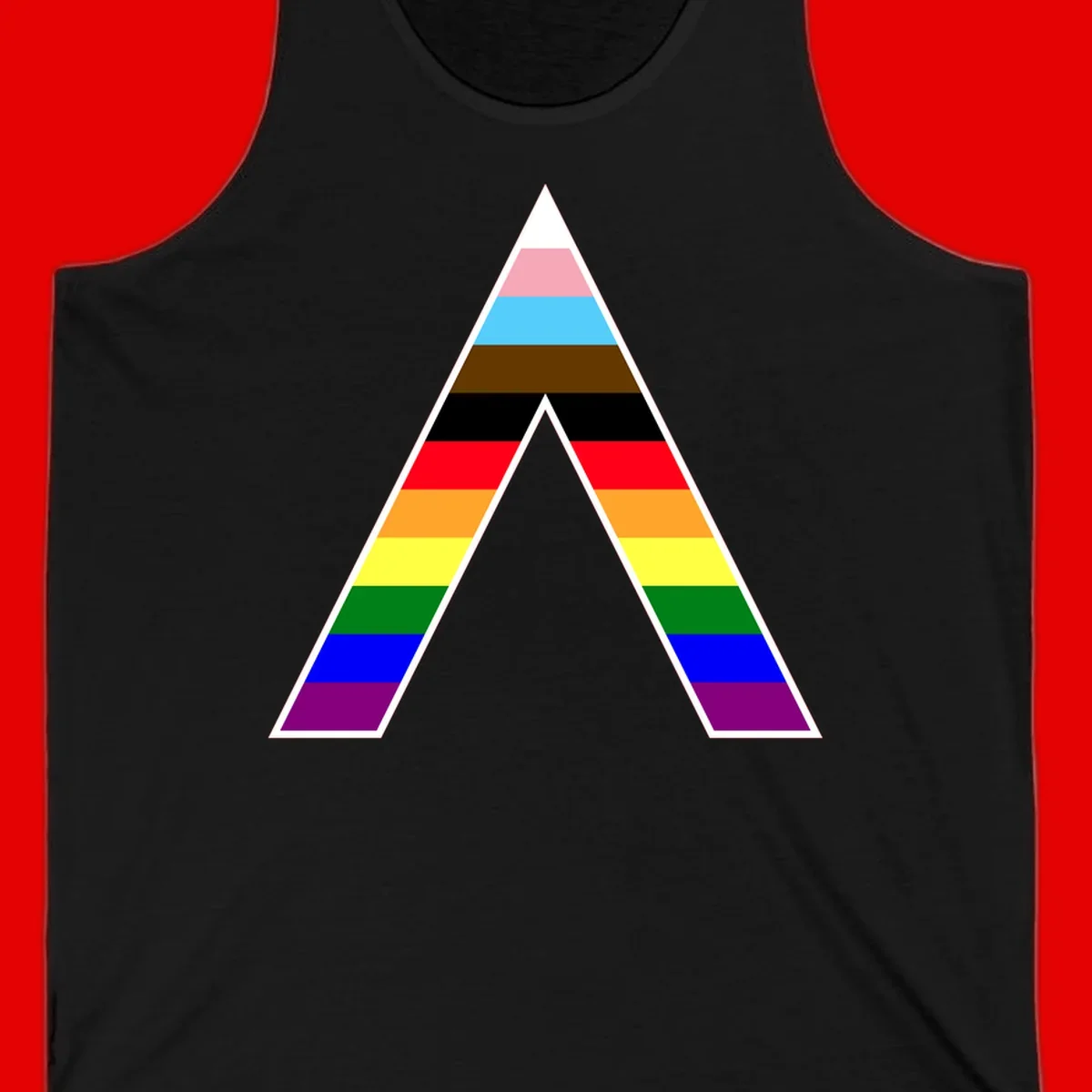 Geometric rainbow pride pyramid with horizontal color stripes and nested triangle cutout design