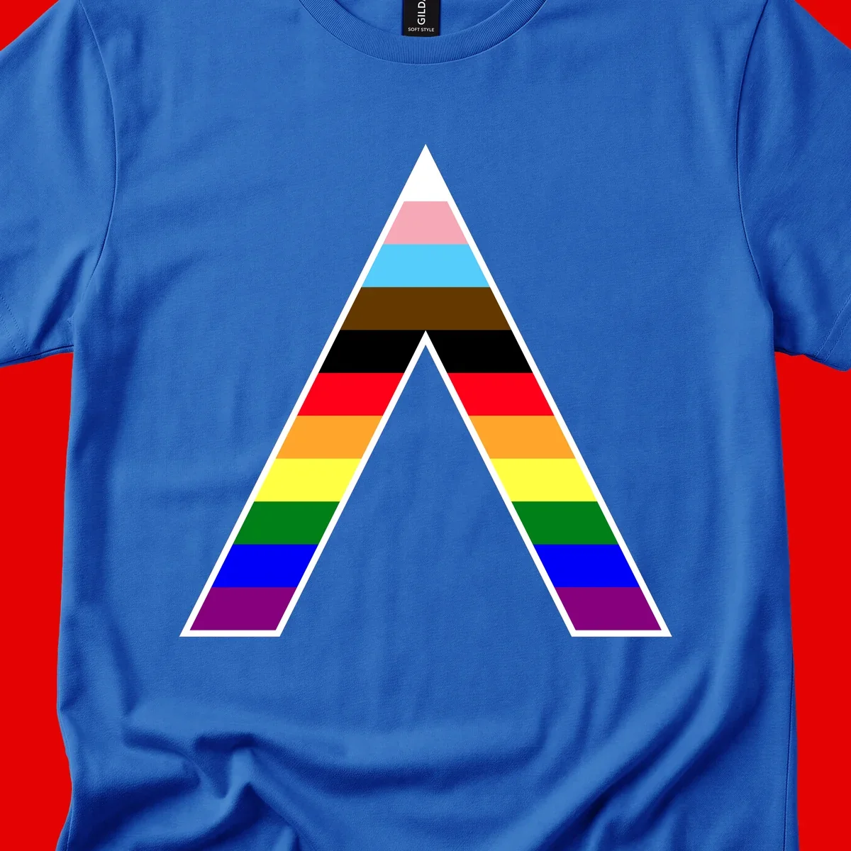 Geometric rainbow pride pyramid with horizontal color stripes and nested triangle cutout design
