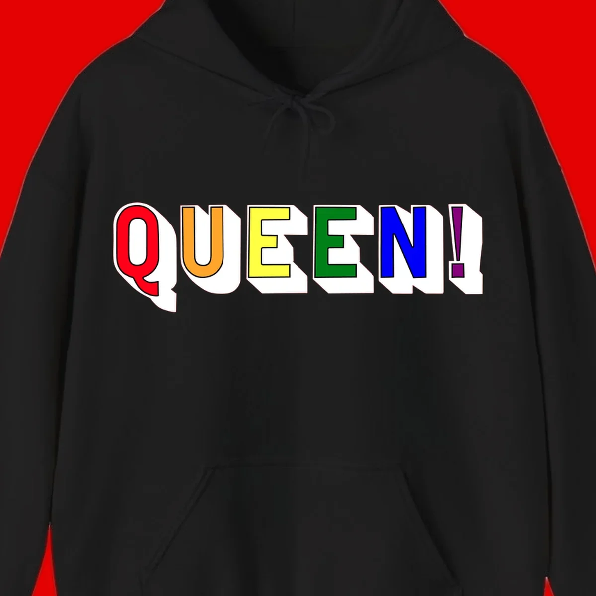 Rainbow-queen-pride design: colorful letters spelling QUEEN! in red, orange, yellow, green, blue, and purple with 3D shadow effect