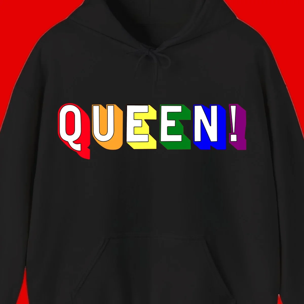 Colorful rainbow typography spelling QUEEN! with each letter in red, orange, yellow, green, blue, and purple on gray background