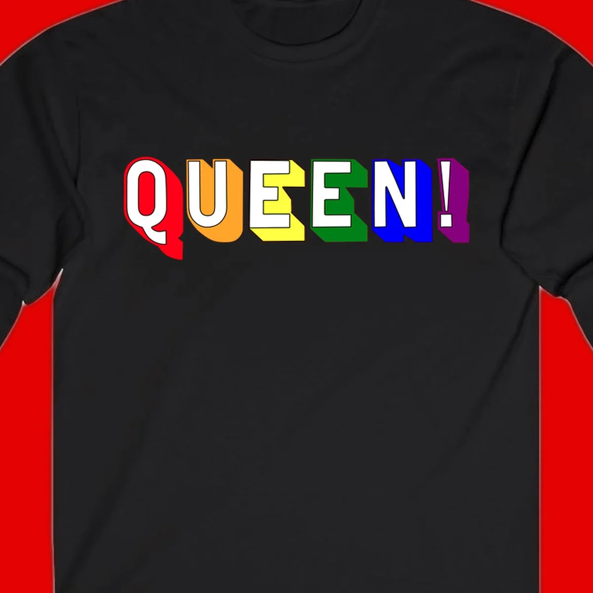 Colorful rainbow typography spelling QUEEN! with each letter in red, orange, yellow, green, blue, and purple on gray background