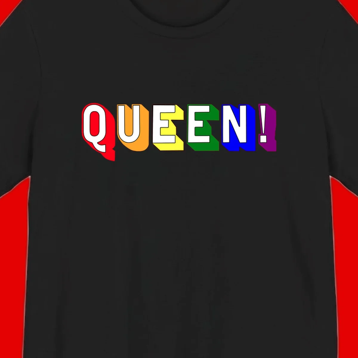 Colorful rainbow typography spelling QUEEN! with each letter in red, orange, yellow, green, blue, and purple on gray background
