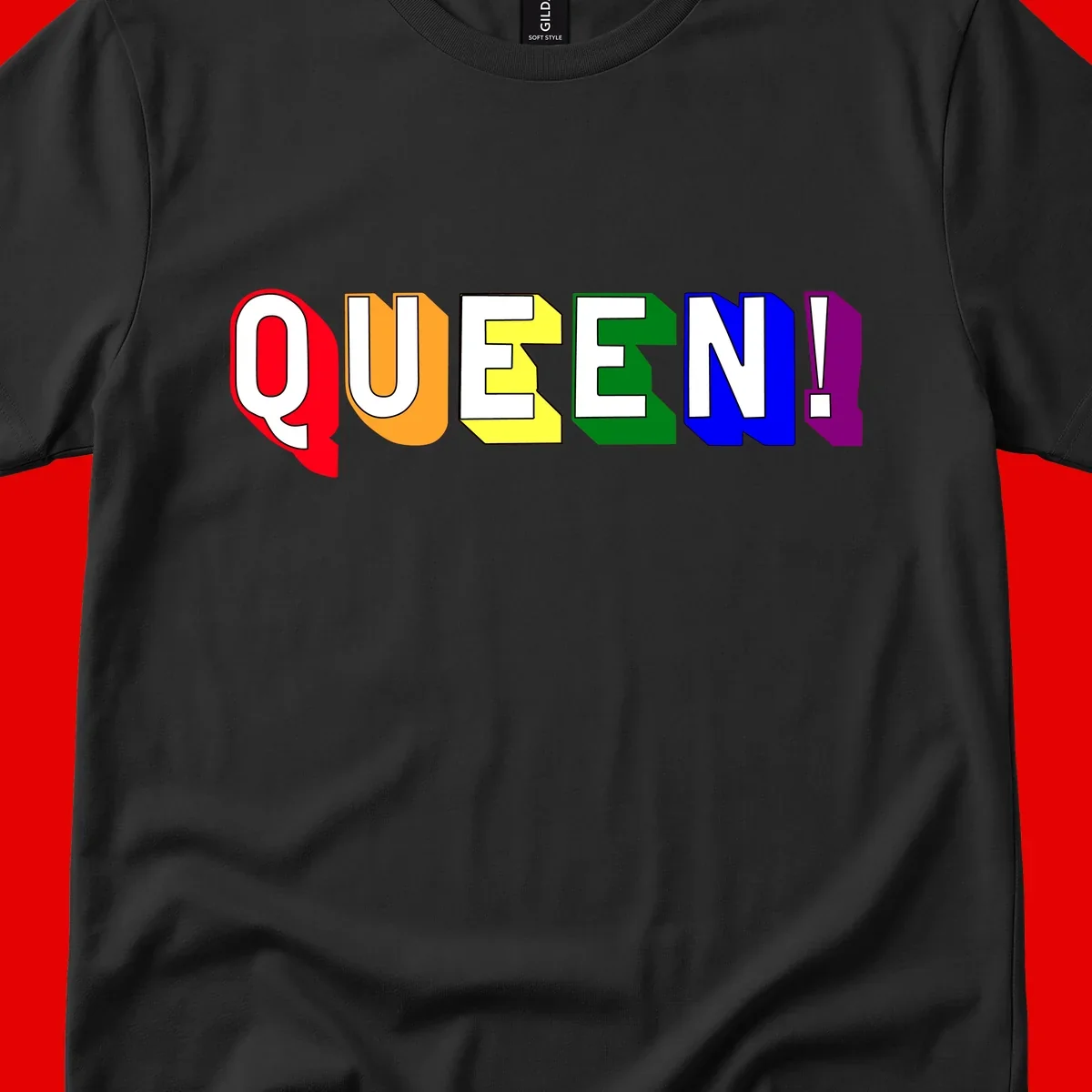 Colorful rainbow typography spelling QUEEN! with each letter in red, orange, yellow, green, blue, and purple on gray background