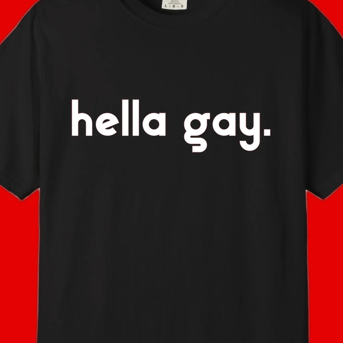 Minimalist hella gay pride design with bold white text on gray background
