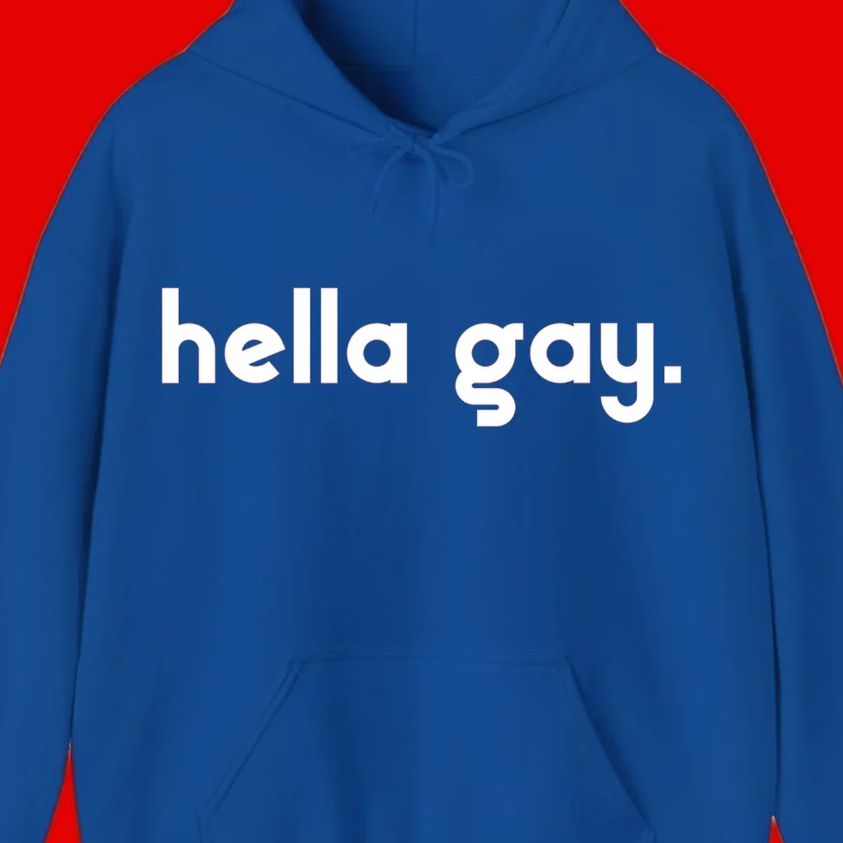 Minimalist hella gay pride design with bold white text on gray background