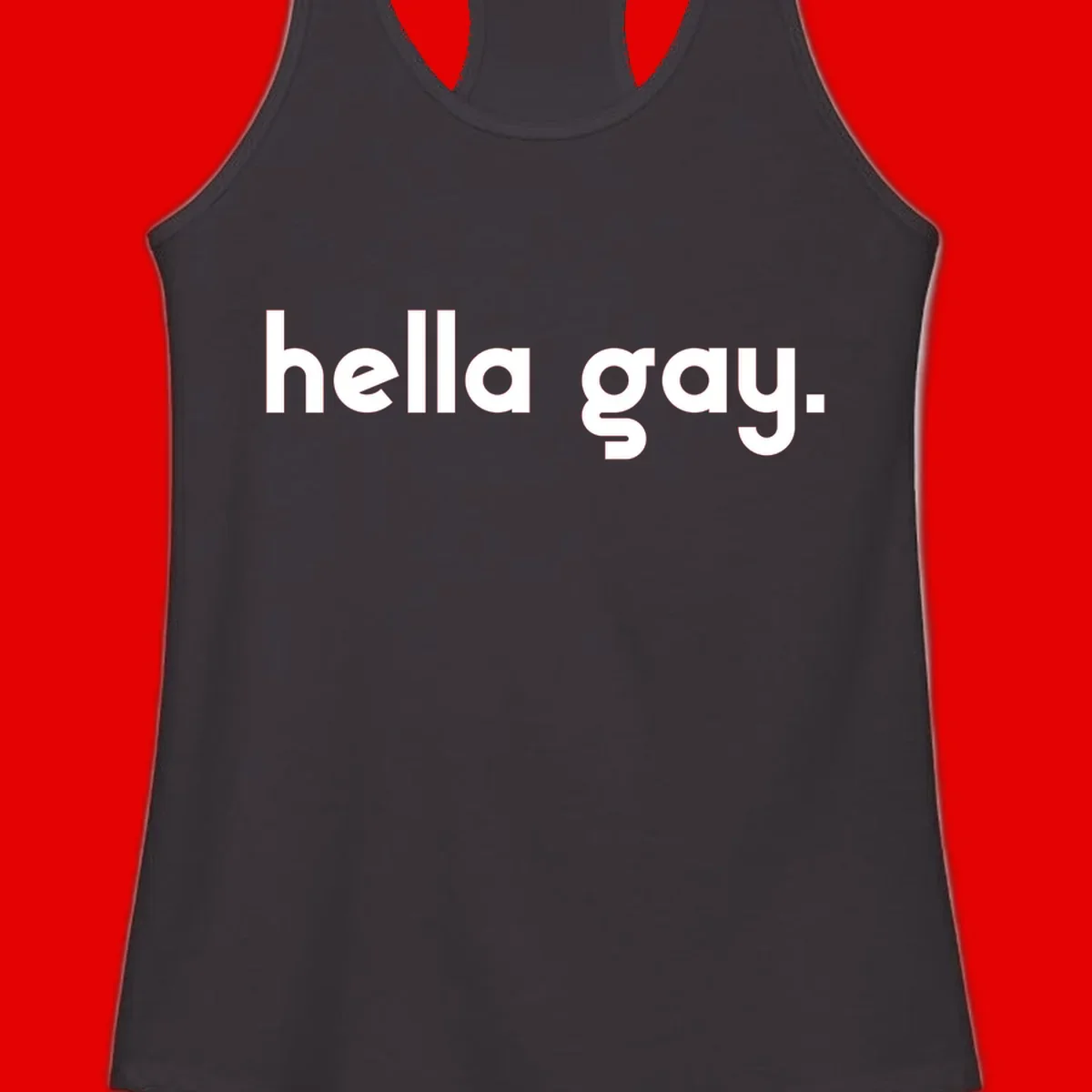 Minimalist hella gay pride design with bold white text on gray background