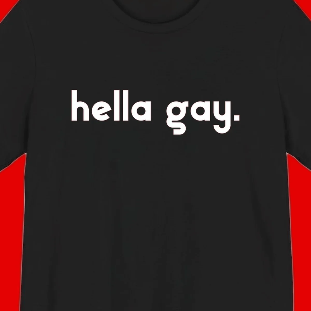 Minimalist hella gay pride design with bold white text on gray background