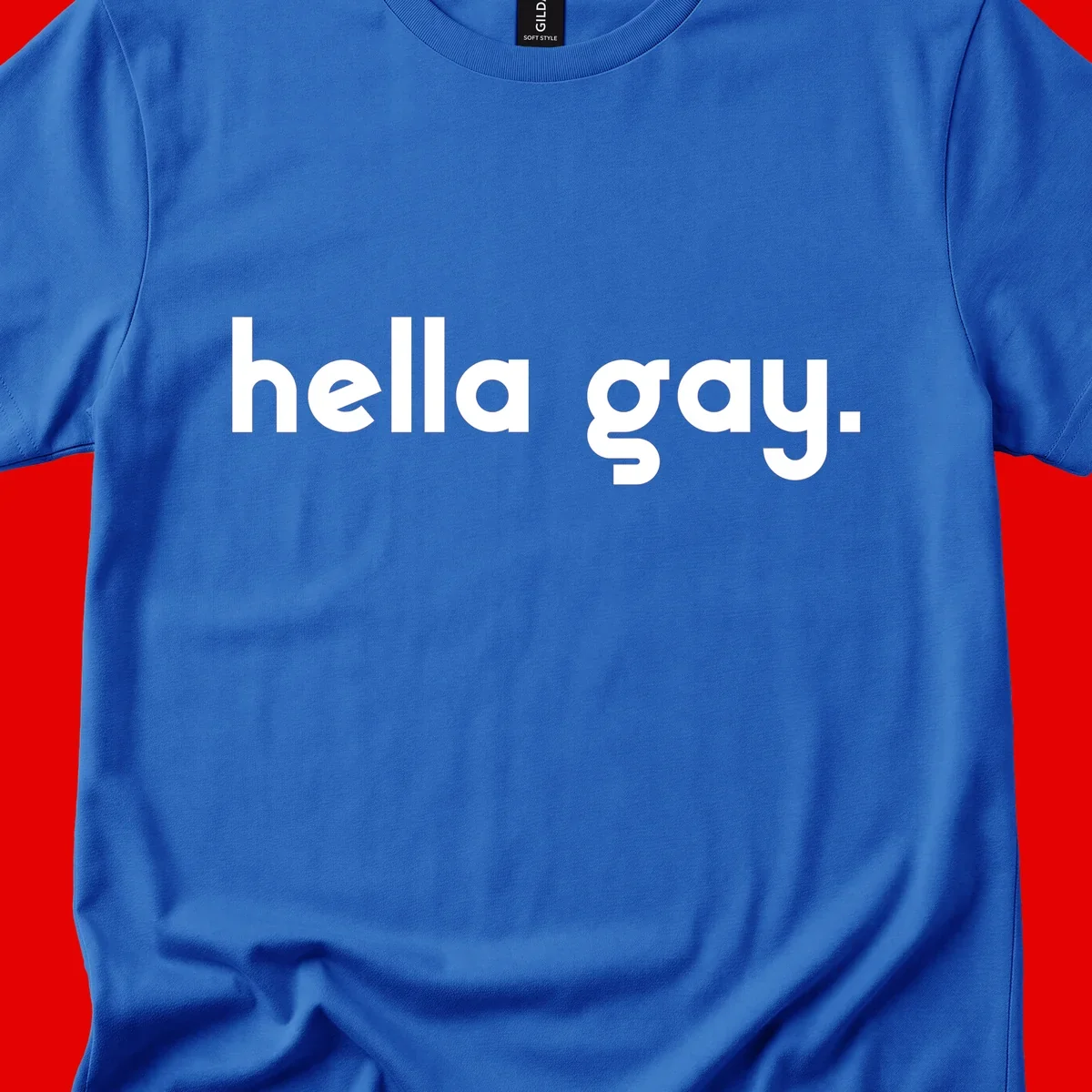 Minimalist hella gay pride design with bold white text on gray background