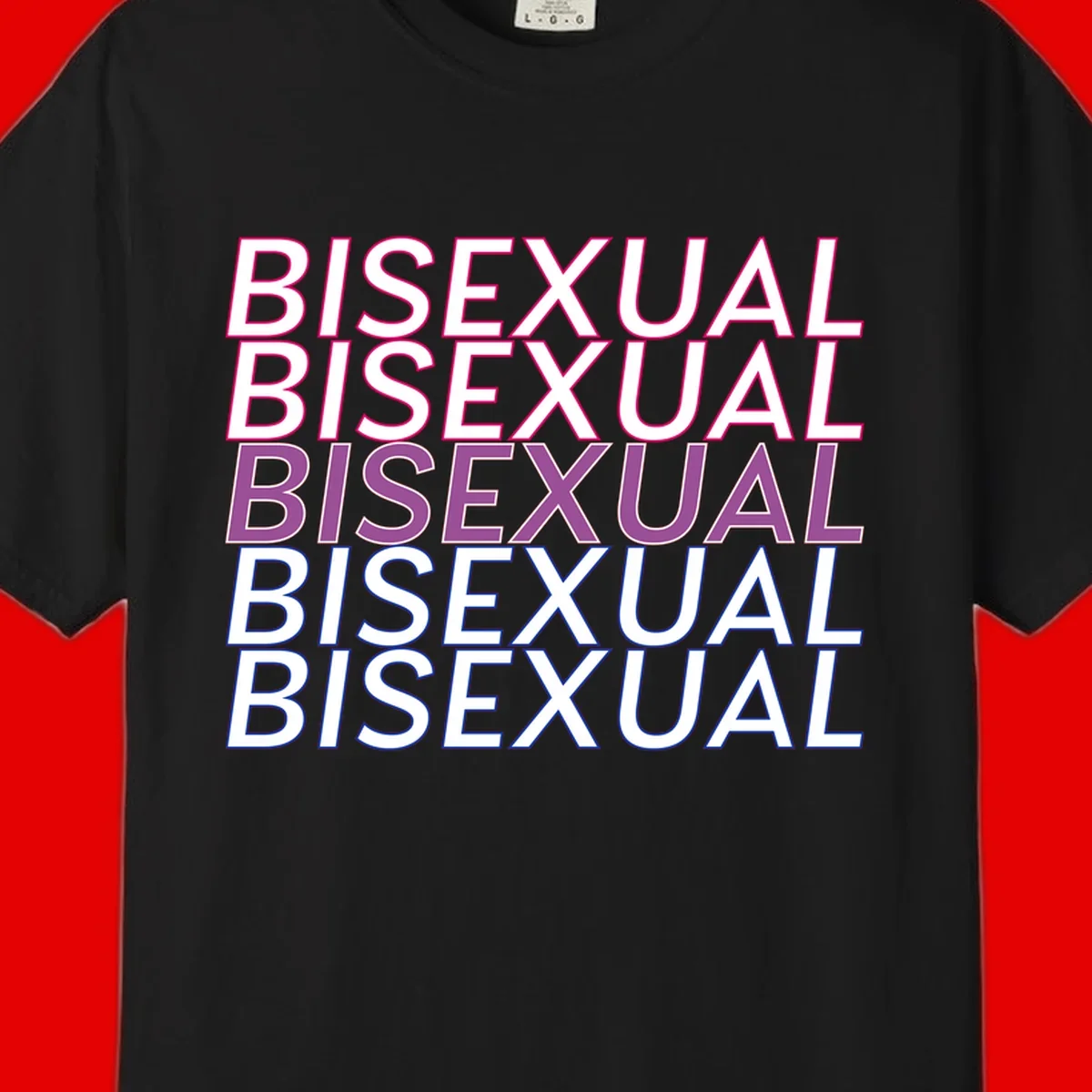Bisexual pride flag design with the word 'BISEXUAL' repeated four times in stacked magenta, purple, and blue outlined letters
