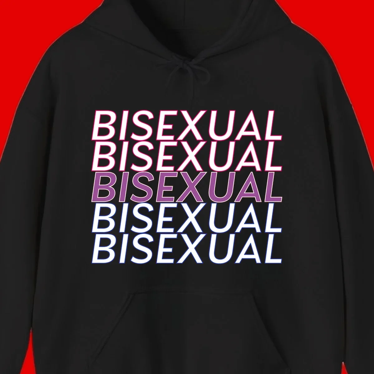 Bisexual pride flag design with the word 'BISEXUAL' repeated four times in stacked magenta, purple, and blue outlined letters