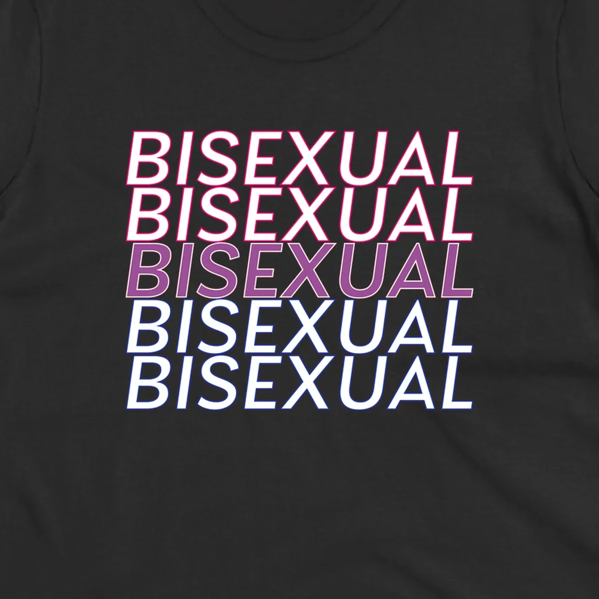 Bisexual pride flag design with the word 'BISEXUAL' repeated four times in stacked magenta, purple, and blue outlined letters