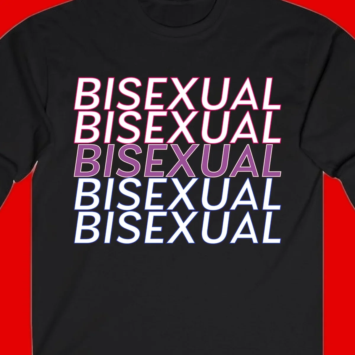 Bisexual pride flag design with the word 'BISEXUAL' repeated four times in stacked magenta, purple, and blue outlined letters