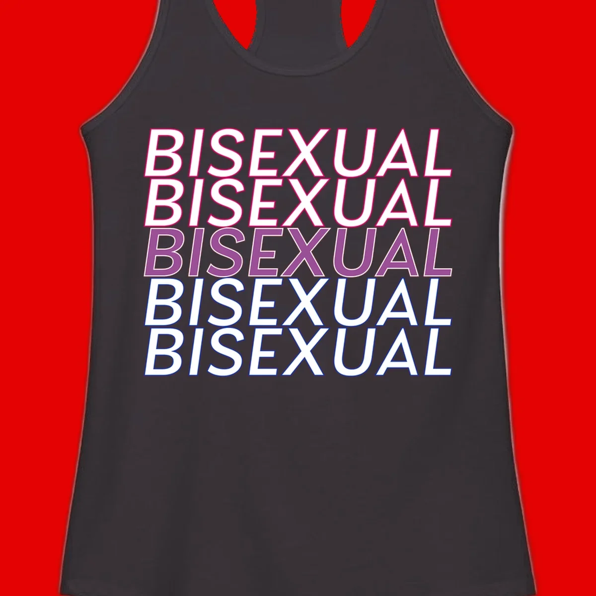 Bisexual pride flag design with the word 'BISEXUAL' repeated four times in stacked magenta, purple, and blue outlined letters