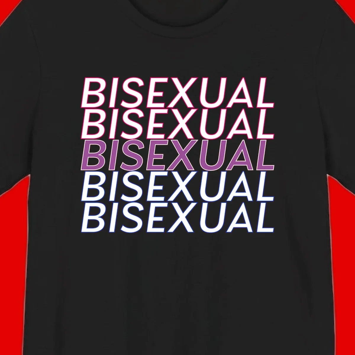 Bisexual pride flag design with the word 'BISEXUAL' repeated four times in stacked magenta, purple, and blue outlined letters